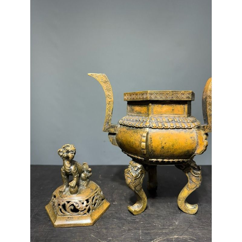 合雅藝品】精選純銅【天狗爐】沖天耳爐蓋簍雕三足鼎立熏香爐香爐薰香爐