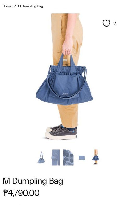 BTV Dumpling Bag (Medium) (Category: Cross-body Bags) located in Quezon City. Submitted by max.declutter (Listing ID 1348635932, Image 1). Description: Color: Steel Blue Size: Medium Rfs: too big for my liking, will buy the crunch carryall hehe; used twice only Made with lightweight water-resistant nylon, this packable bag is designed with short handles and an adjustable crossbody strap. It features a large front flap pocket, a D-ring to attach y