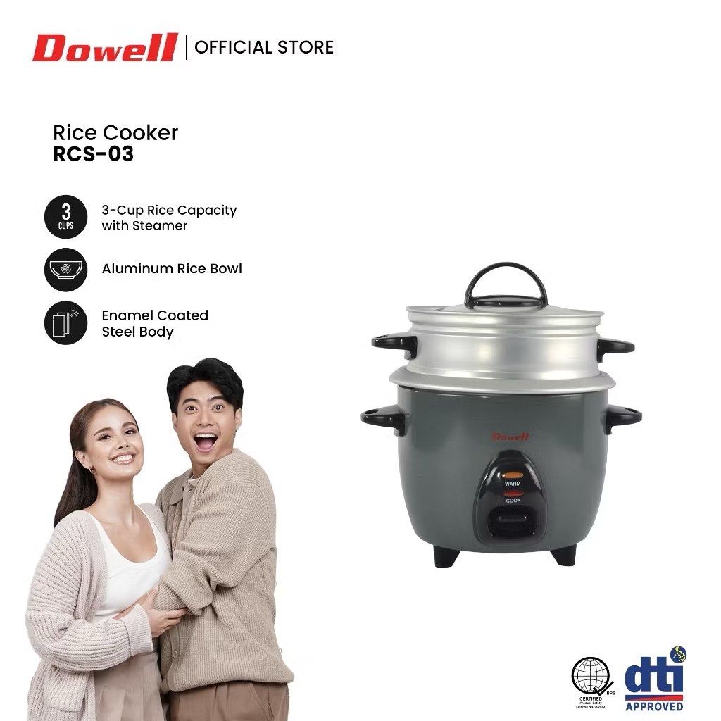 Dowell Rice Cooker 3 cups with Steamer (Category: Cookers) located in Quezon City. Submitted by 02kdz (Listing ID 1348714438, Image 2). Description: Brand new/never used RFS: decluttering MOP: GCASH, lalamove pabili.