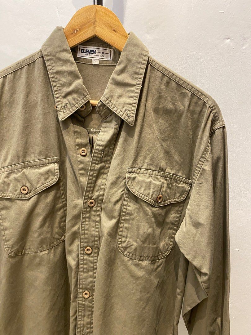 ELEVEN Brown Detailed Longsleeves (Category: Formal Shirts) located in Caloocan City. Submitted by fddpy (Listing ID 1348778133, Image 2). Description: Selling my Brown Longsleeves for 350 only with no any issues. Large in size but can fit in medium. • 22inch sleeves • 25inch length • 21inch width.