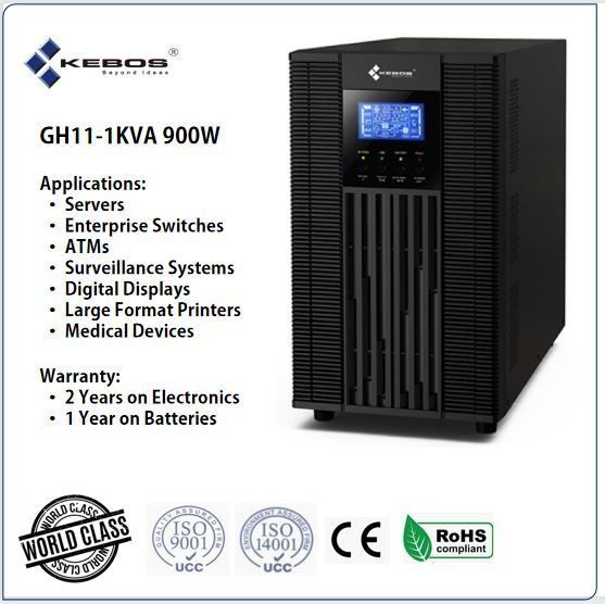 KEBOS GH11 1KVA/900W Online Double Conversion, Tower UPS (Category: Networking) located in Quezon City. Submitted by ann_xbs (Listing ID 1348680892, Image 2). Description: KEBOS Power Garde GH11 1000VA 900W Online Double Conversion UPS4 x Universal Type Sockets, USB & RS-232 Communication Ports, Intelligent Slot (optional Network Card), Resettable Circuit Breaker Features:> True Online Double Conversion Technology> Comprehensive LCD Panel> Excell