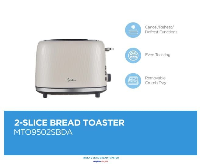 Midea Slice Bread Toaster Brand New (Category: Ovens & Toasters) located in Makati City. Submitted by shopsaleph (Listing ID 1348709896, Image 1). Description: Key Features: • Cancel, Reheat, and Defrost Functions • Auto Power Cut-Off • Auto-Adjust Bread • More convenient operation • Safe and energy-efficient • Even bread toasting.