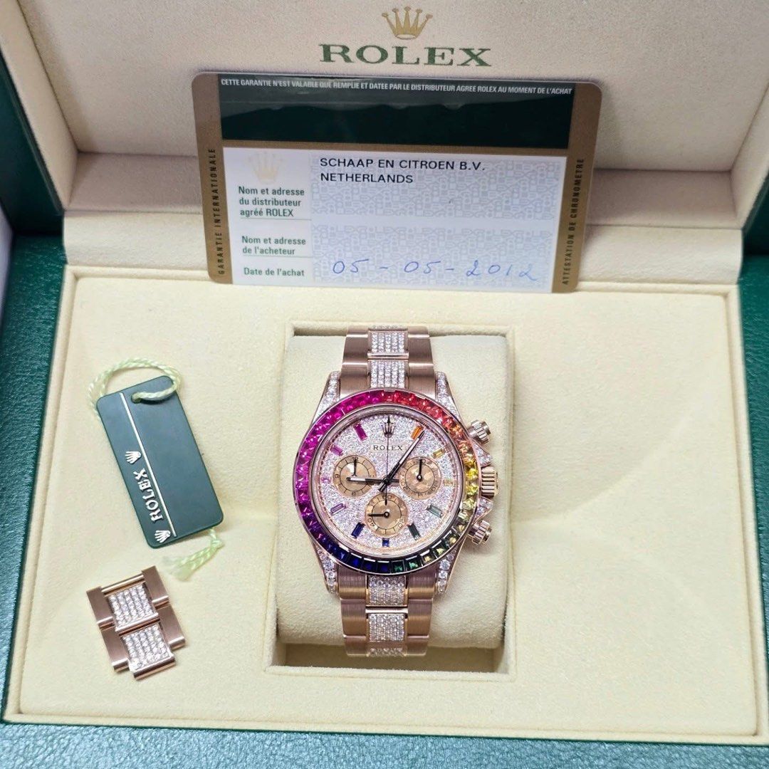 Rolex Daytona Rainbow Daytona 2012 (Category: Luxury Watches) located in Quezon City. Submitted by luxurystationph.com (Listing ID 1348687988, Image 2). Description: Rolex Rainbow DAYTONA Mens Watch 40mm Solid Rosegold Ref no.116505 Year 2012 Comes with extra links,card,hangtag and box Excellent condition.