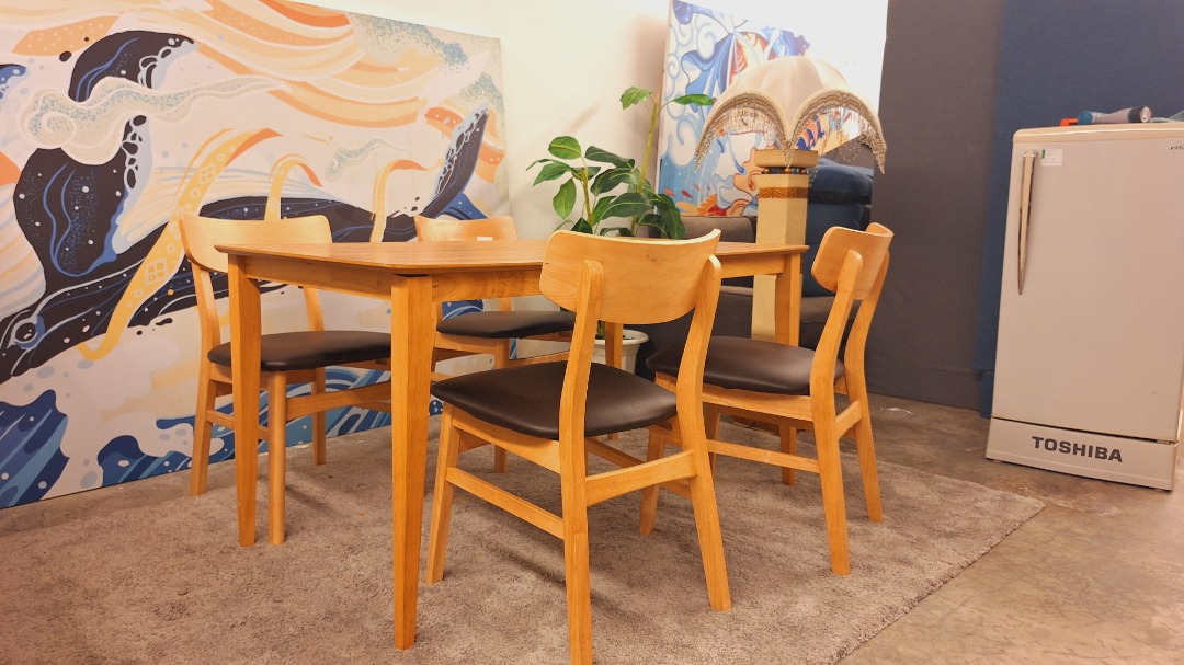 Scandi Solid Oak Wooden 4-seater Dining Table w/ Chairs | Meja Makan 4 ...