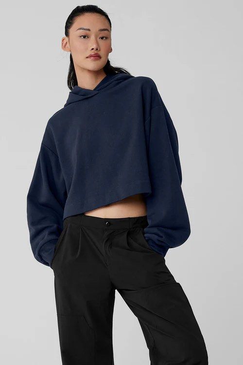 Alo Yoga Bae Hoodie - Navy (Category: Longsleeves) located in Singapore. Submitted by moonskies (Listing ID 1348965872, Image 1). Description: - ORP: $150 - Color: Navy - Worn once - See last pic for actual color Shipping available at an additional $3 (smartpac).