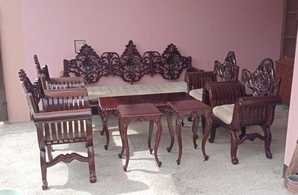 Antique 8-Pc Wooden Sala Set (Category: Sofas) located in Paranaque City. Submitted by turnintocash (Listing ID 1348937038, Image 1). Description: length of long sofa is 7feet height of backrest - 47 inches hardwood heavy cushion or fabric need cleaning / as-is Location - Paranaque payment- BPI or Gcash.