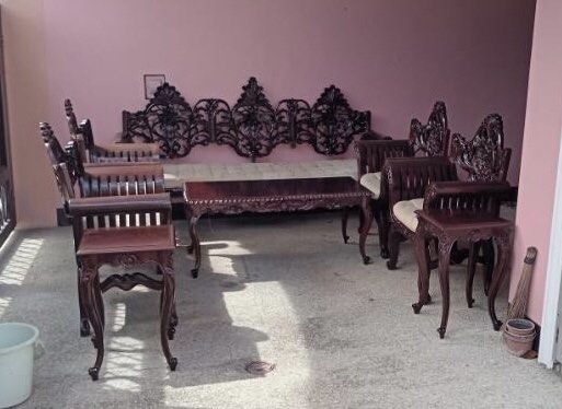 Antique 8-Pc Wooden Sala Set (Category: Sofas) located in Paranaque City. Submitted by turnintocash (Listing ID 1348937038, Image 2). Description: length of long sofa is 7feet height of backrest - 47 inches hardwood heavy cushion or fabric need cleaning / as-is Location - Paranaque payment- BPI or Gcash.