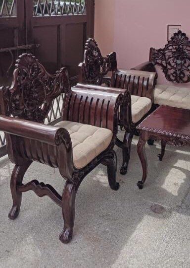 Antique 8-Pc Wooden Sala Set (Category: Sofas) located in Paranaque City. Submitted by turnintocash (Listing ID 1348937038, Image 3). Description: length of long sofa is 7feet height of backrest - 47 inches hardwood heavy cushion or fabric need cleaning / as-is Location - Paranaque payment- BPI or Gcash.