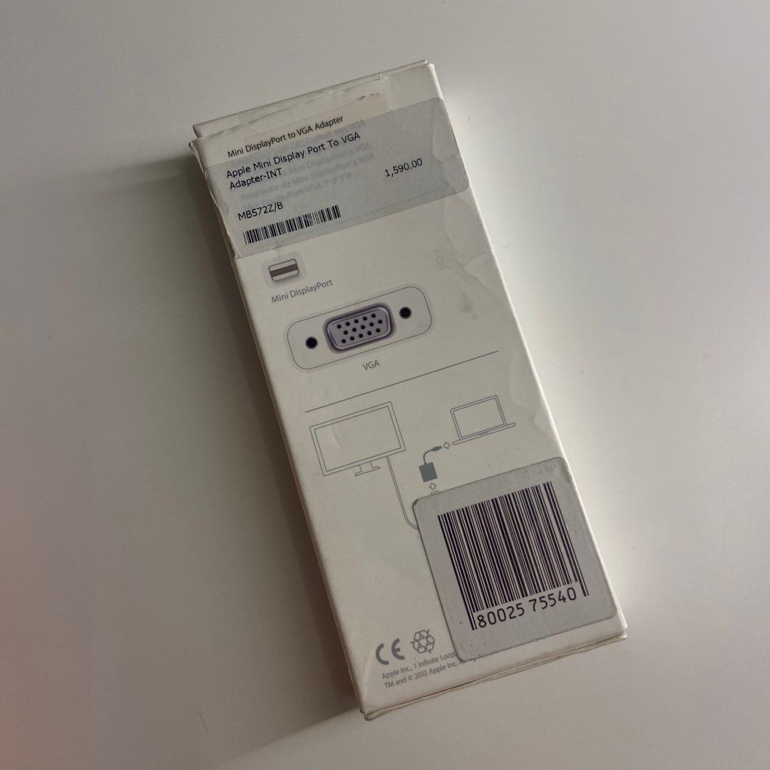 Apple Mini Display Port Thunderbolt to VGA Adapter (Category: Cables & Adaptors) located in Quezon City. Submitted by hyeonihae (Listing ID 1348962242, Image 3). Description: Originally bought from Apple Box not in good condition Item works perfectly fine Original price: 1,590.