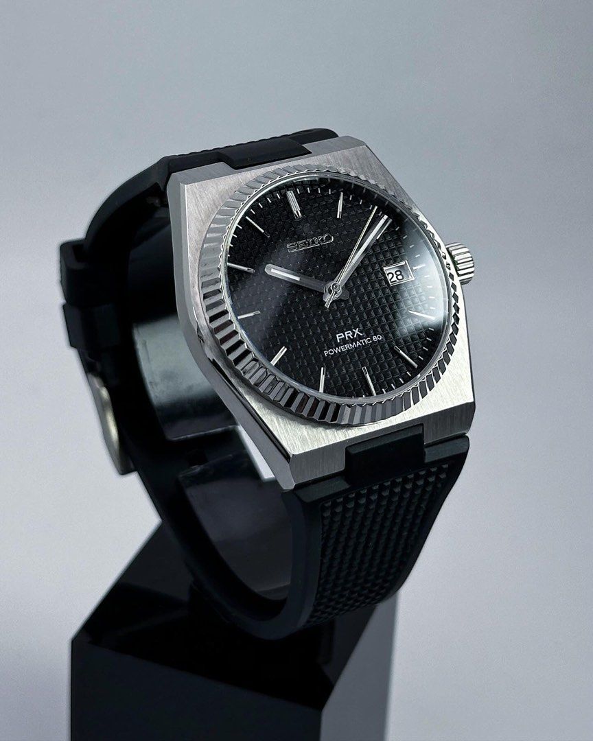 Custom Seiko Mod 40mm Black Fluted PRX Rubber Strap Automatic Watch ...