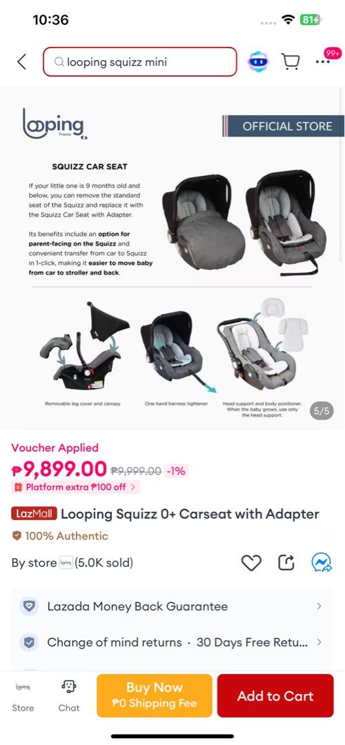 Looping Squizz 0+ Carseat (Category: Car Seats) located in Cavite. Submitted by jdrio (Listing ID 1348967688, Image 3). Description: never been used with box.