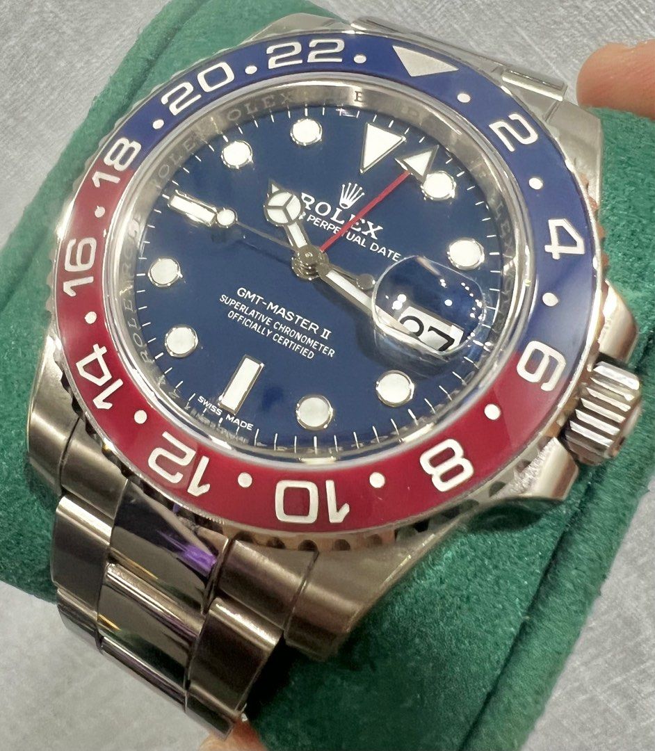 Preowned Y2018 Rolex GMT Master II White Gold Blue MK1 116719BLRO (Category: Watches) located in Singapore. Submitted by watchgensg (Listing ID 1348970007, Image 1). Description: Model: 116719BLRO Blue Brand: Rolex Description: Full set box and papers Cert dated Y2018 Like new condition Locate us: 180 Bencoolen Street #01-68 S189646 Opening hours: 1-7pm Daily We provide in-house warranty of 6 months for all Preowned items sold. Payment mode: Cash