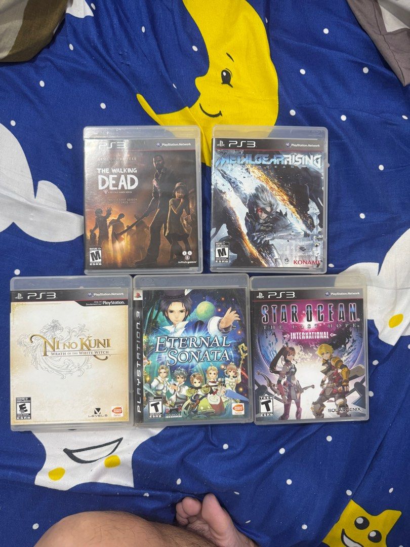 PS3 Playstation 3 Games (Category: PlayStation) located in Navotas City. Submitted by aisensupream (Listing ID 1348869975, Image 1). Description: Selling PS3 games bundle: R1 Ni No Kuni R1 Eternal Sonata R1 Star Ocean The Last Hope International R1 The Walking Dead GOTY R1 Metal Gear Rising Revengeance Complete with cover, manuals / inserts. Mint to scratchless disc conditions Case have slight scratches normal wear. Get it all for 4,000 as bundle