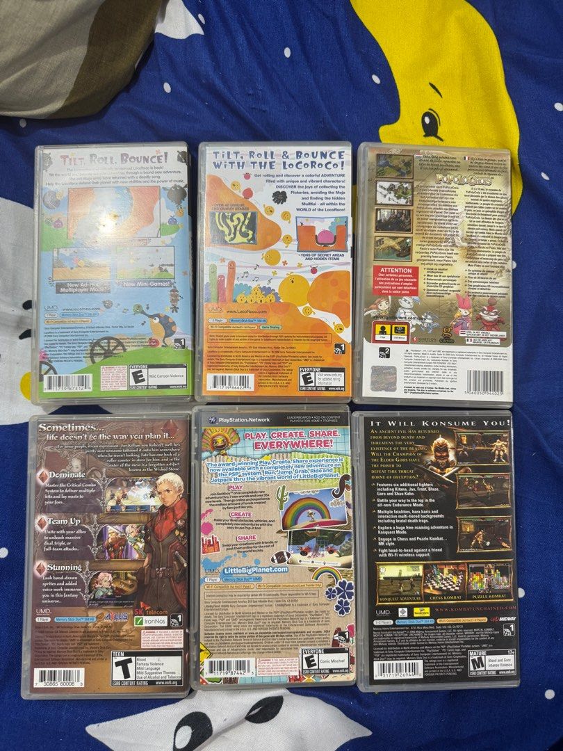 PSP Playstation Portable Games (Category: PlayStation) located in Navotas City. Submitted by aisensupream (Listing ID 1348868388, Image 2). Description: PSP Games for Sale: R1 Loco Roco 1 & 2 - (3k set only) R1 Little Big Planet - 1.2k R1 Mortal Kombat Unchained - 1.2k R2 Popolocrois - 1.2k All umds are mint to like new condition complete with manual and covers. Cases have normal light scratches. PM interested buyers. All for 6.5k R1 Crimson Gem 