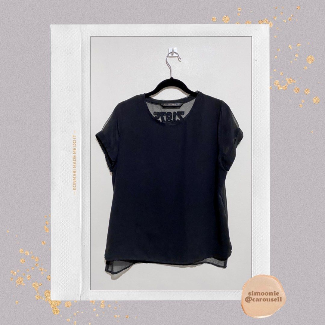 Zara Basic Chiffon Z1975 See Through Back Black T-shirt Top (Category: Shirts) located in Manila. Submitted by simoonie (Listing ID 1348854611, Image 1). Description: In great condition! 👍 Only worn once or twice. Store bought. Zara black chiffon tee shirt: Z1975 back satin embroidery, see through sleeves and back, flowy material, side slits, longer back. ✨ — Measurements Approx (lay flat) — - Size on tag: US Medium - Chest (armpit to armpit): 2