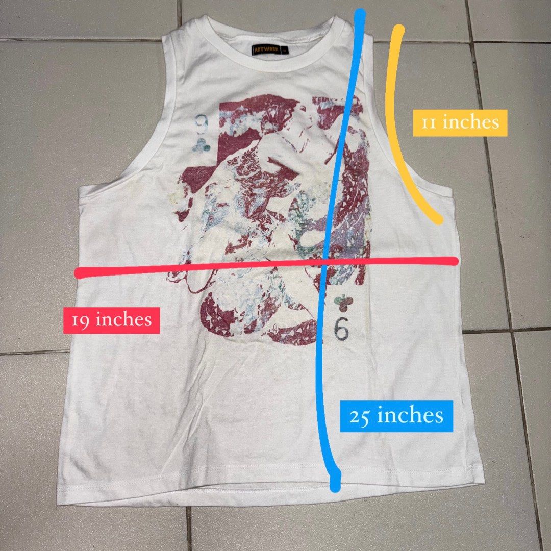 Artwork Tank Top LARGE (Category: Sleeveless) located in Manila. Submitted by eancc (Listing ID 1349093614, Image 2). Description: XL on tag but i think would suit large franes best RFS: Decluttering MOP: Gcash BDO BPI.