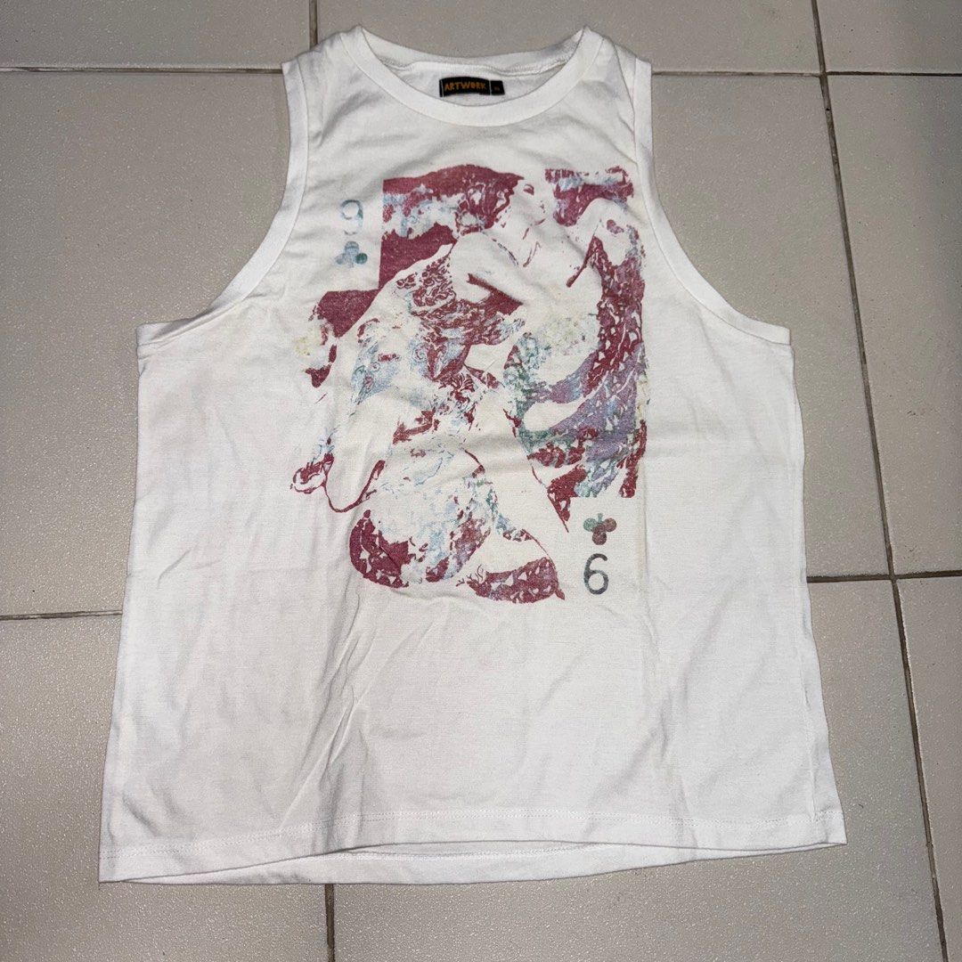 Artwork Tank Top LARGE (Category: Sleeveless) located in Manila. Submitted by eancc (Listing ID 1349093614, Image 1). Description: XL on tag but i think would suit large franes best RFS: Decluttering MOP: Gcash BDO BPI.