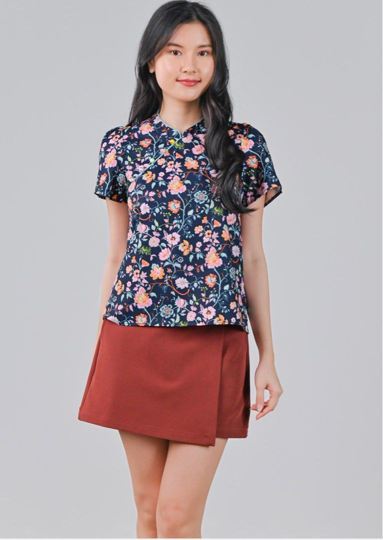 BNWT AWE Peony Reverie Sleeved Cheongsam Top - Navy (Category: Blouses) located in Singapore. Submitted by angelicstar (Listing ID 1349149471, Image 1). Description: .