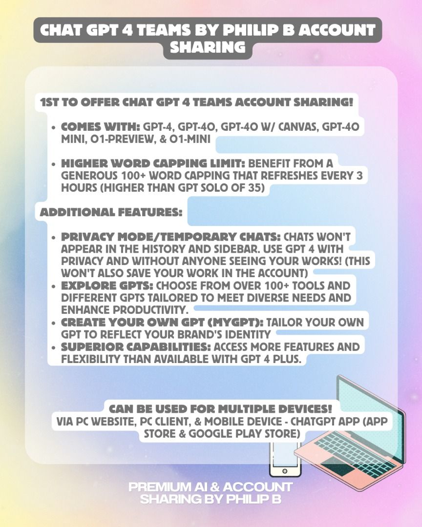 ChatGPT Teams & ChatGPT Plus (Category: Announcements) located in Las Pinas. Submitted by phil.declutters (Listing ID 1349126694, Image 2). Description: Slots still available for both ChatGPT Teams and Plus! Chat GPT 4 Teams - starts at P355 monthly Chat GPT 4 Plus - starts at P200 monthly Included Features: • GPT 4o, GPT 4, GPT-4o miniGPT o1, GPT o1-mini, etc. • Temporary Chats/Privacy Mode • Personal Projects/Folder section • Sora (for Video Ed