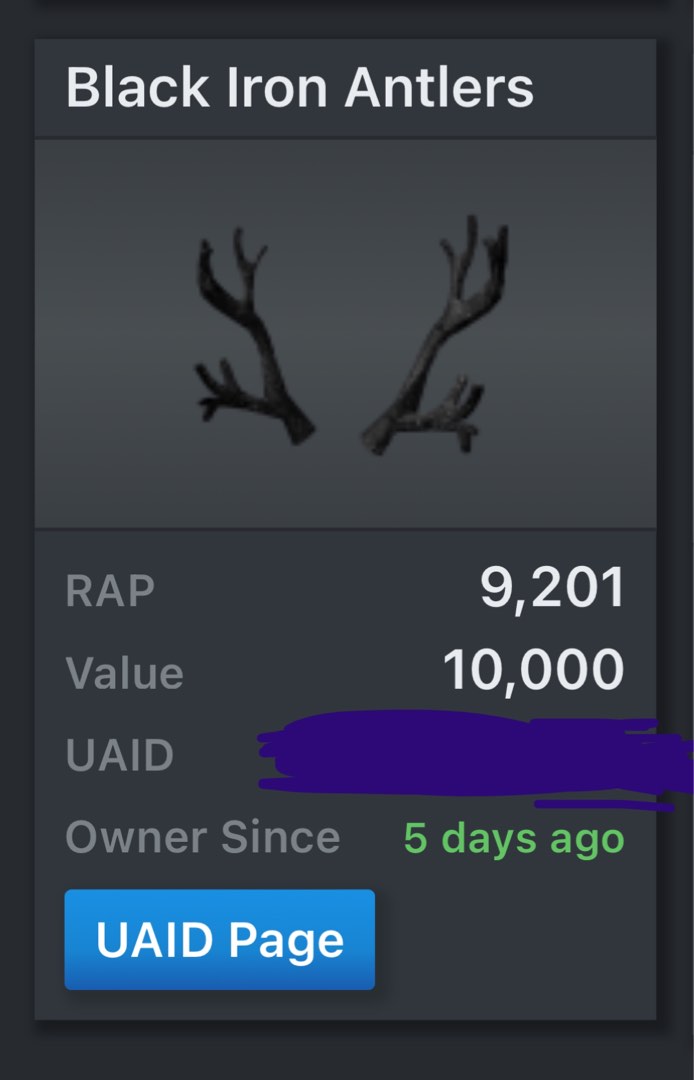 [FOR SALE] Clean Roblox Black Iron Antlers, Video Gaming, Gaming