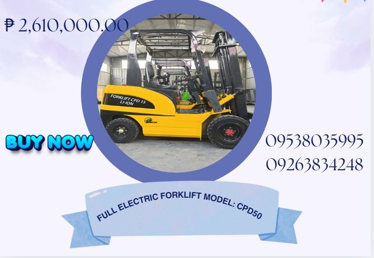 full electric forklift model: CPD50 (Category: Heavy Vehicles) located in Caloocan City. Submitted by 09051674995 (Listing ID 1349021910, Image 1). Description: Model: CPD50 Max. lifting height:3000mm Loading capacity:5000kg Load center distance:500mm Overall length (no fork):2380mm Overall width:1150mm Gantry height:2180mm Wheelbase:1380mm Fork adjustable range:1060/250 Fork length:1080mm Brake: hydraulic pedal Parking brake: machinery -manual t