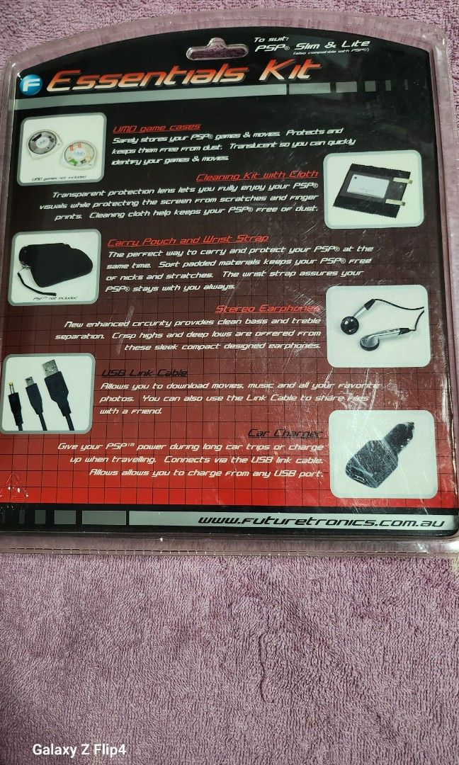 Psp essentials Kit (Category: Cables & Chargers) located in Singapore. Submitted by lcwxdxj (Listing ID 1349160421, Image 2). Description: 2 UMD game cases Cleaning Kit with Cloth Carry Pouch & Wrist Strap Stereo Earphones USB Link Cable Car Charger Note: Cash & Carry at 510446 Pasir Ris 7-11 Non Nego..