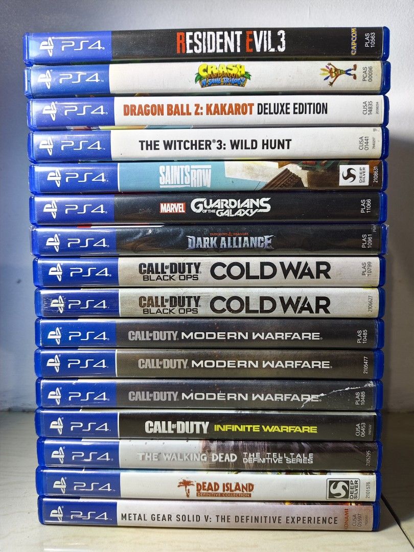 USED PS4 GAMES / GOOD AS NEW (Category: PlayStation) located in Manila. Submitted by mikkolosg20176 (Listing ID 1349108508, Image 1). Description: PRICELIST: PS4: Resident Evil 3 - 900 Crash Bandicoot Trilogy - 900 The Witcher 3 - 700 Saints Row - 900 Guardians of The Galaxy - 900 Dark Alliance - 1.3k COD Coldwar - 1.5k COD MW - 1.2k COD Infinite Warfare - 700 COD Advanced Warfare - 700 The Walking Dead Telltale - 900 Dead Island Definitive Editi