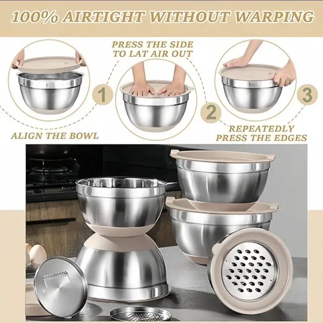 6 Baking Bowls with Lid and Grater (Category: Bakeware) located in Paranaque City. Submitted by damit101 (Listing ID 1349241992, Image 2). Description: Brand New!!! Baking Bowls with Lid Cover Color: Beige/Khaki What's in the Box: 16-piece total, 6 bowls 6 lid/cover 3 grater 1 lid cover for grater #fyp #foryou #baking #bakeware.