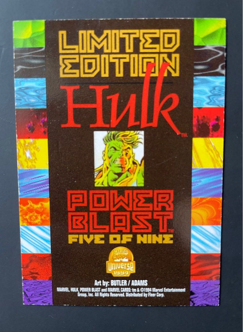 Hulk - Marvel Universe Power Blast Foil Insert Card (Category: Raw Singles) located in Mandaluyong City. Submitted by collectorsobsessions (Listing ID 1349345373, Image 2). Description: - Not mint, with issues at the back. - Please see pics - PRICE: P160.