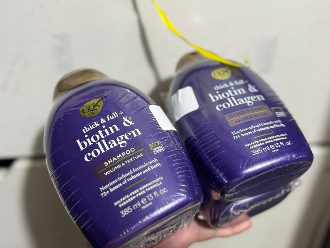 OGX Thick & Full + Biotin & Collagen Shampoo & Conditioner 385ml (Category: Hair) located in Quezon City. Submitted by rinoache (Listing ID 1349212600, Image 2). Description: ***AUTHENTIC*** OGX Thick & Full + Biotin & Collagen Shampoo & Conditioner 385ml OGX Thick & Full + Biotin & Collagen Shampoo and Conditioner gives thin strands a thickening boost, volumizing them into fuller and more abundant-looking locks .