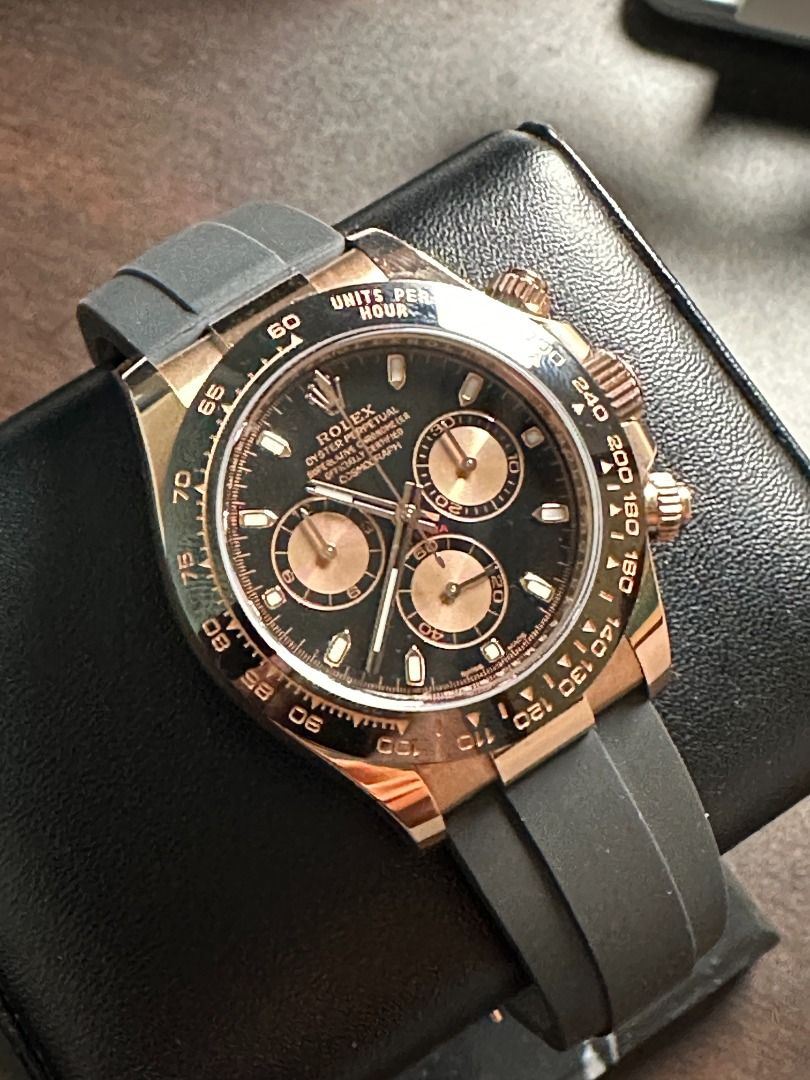 Rolex Cosmograph Daytona Oysterflex Ref. 116515LN (Category: Luxury Watches) located in Manila. Submitted by j3watches (Listing ID 1349330432, Image 1). Description: Everose Gold Black Dial Aug 2020 dated Box and papers Rating at 9.5/10 with minimal signs of wear Open to trades, value is fixed Follow us on IG @j3watches.