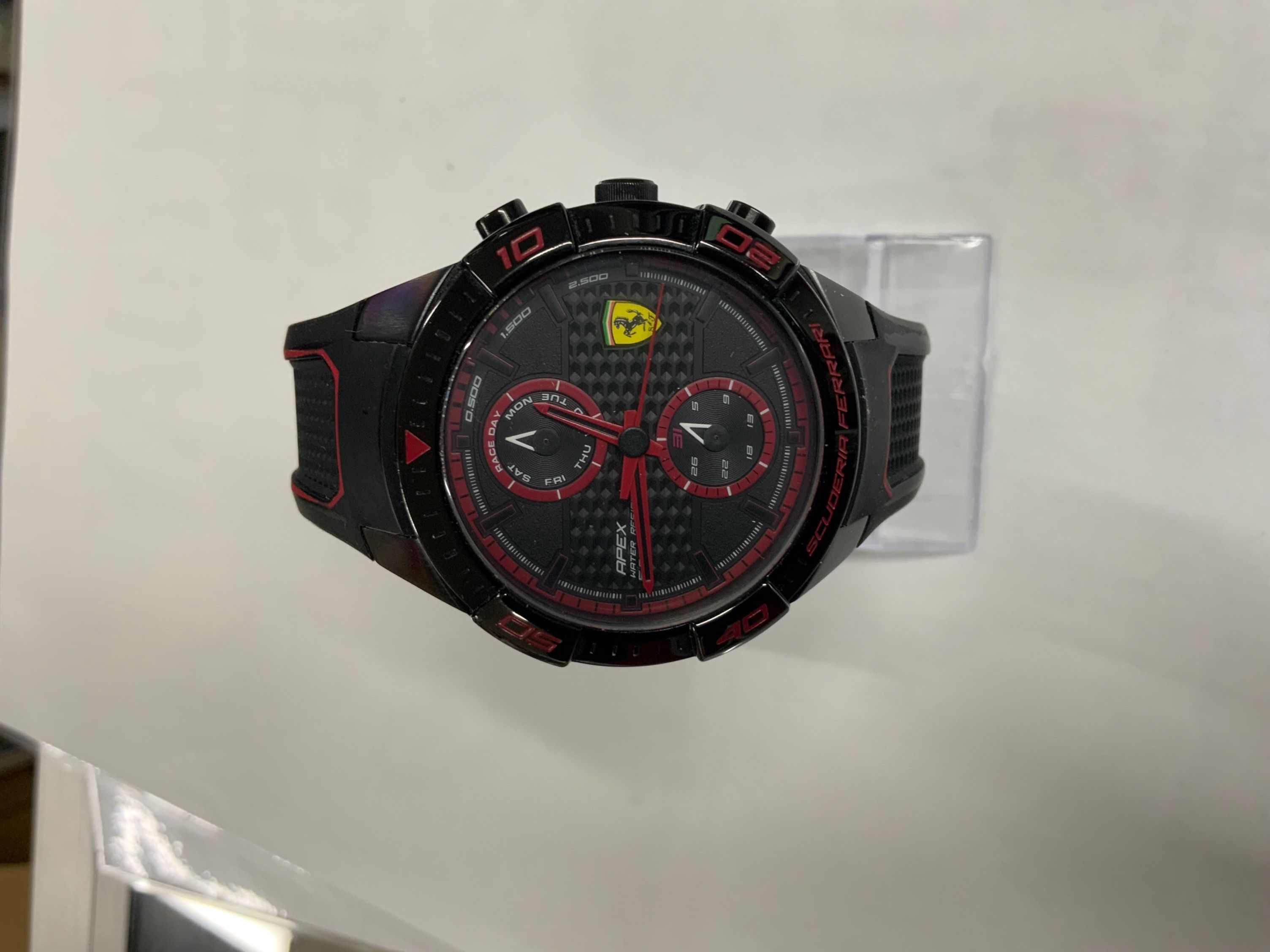Scuderia Ferrari Apex Black Men’s Watch (Category: Watches) located in Singapore. Submitted by redcrossshop (Listing ID 1349227403, Image 1). Description: Dial Colour: Black Movement: Quartz Strap Type: Silicone Water resistancy: 5ATM 44MM Stainless Steel Black Plated Case. Mineral Scratch Resistant Crystal Support the go green movement and give pre-loved items a second life. Do Shop for a good Cause. Self-collection at: Red Cross House 15 Penang