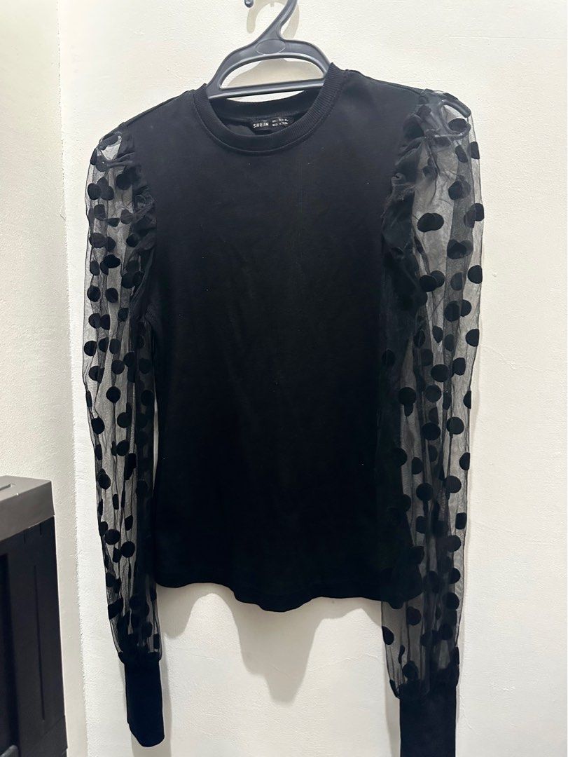 Shein black longleeves top (Category: Longsleeves) located in Cebu City. Submitted by bcdeclutters (Listing ID 1349316888, Image 1). Description: With see-through polka dot longsleeves Size: S LOC: CEBU.