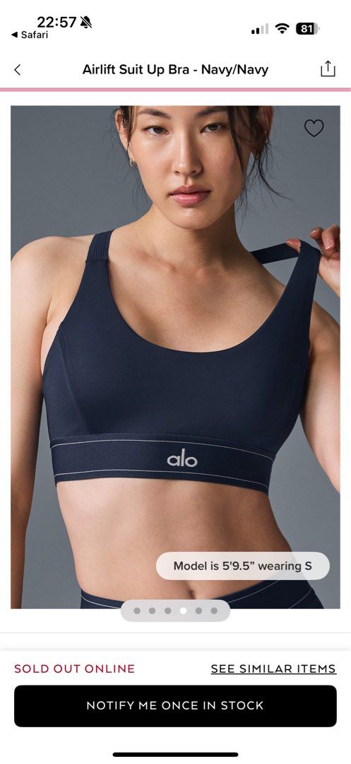 Alo Airlift Suit Up Bra (Category: Activewear) located in Singapore. Submitted by babadadada (Listing ID 1349517983, Image 2). Description: Brand new with tag Navy Sold out on site No nego/trades #alo #aloyoga #lululemon #activewear.