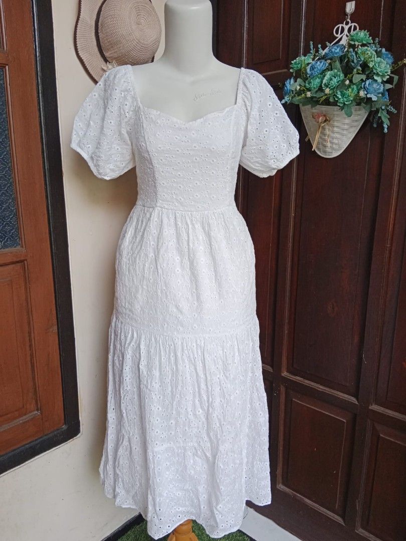 Dress katbol putih model kerah kotak, Fesyen Wanita, Pakaian Wanita ...