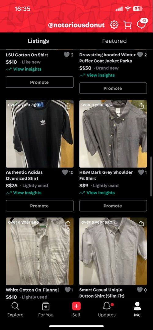 multiple clothes (Category: Shirts) located in Singapore. Submitted by notoriousdonut (Listing ID 1349450635, Image 1). Description: check out my listings and shoot me an offer, $2 shipping.