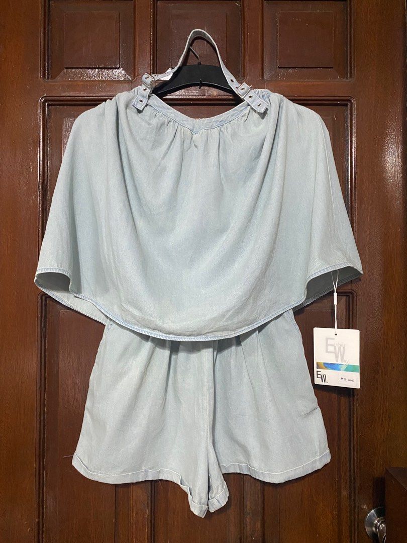 womens DENIM Terno set with tote bag (Category: Sets or Coordinates) located in Quezon City. Submitted by goodstuff_4sale (Listing ID 1349383747, Image 2). Description: new w tag ✅ sold as set womens denim set, tote bag free size to XL light denim, non stretch ✅top is tube style with belt style for halter neck attachment ✅shorts- fully garterized with side pockets cuffed hem top : length 17.5” armpit 14.5” to 24” shorts : length 14.5” waist 10” t
