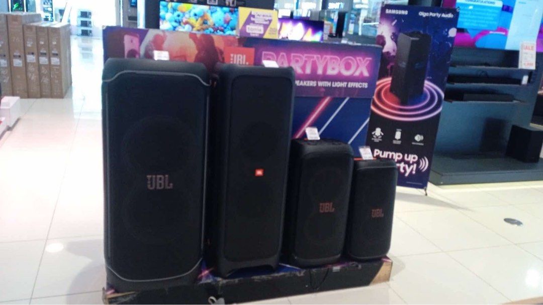JBL PARTYBOX SPEAKER (Category: Soundbars, Speakers & Amplifiers) located in Quezon City. Submitted by maryann.dimalanta (Listing ID 1349723321, Image 1). Description: Jbl soundbar and party box BAR5.0 MULTIBEAM SRP 26,999 Cash 23,200 BAR 5.1 CHANNEL 4K SRP 42,999 Cash 36,700 BAR2.1 DEEP BASS SRP 19,999 Cash 17,300 Bar 800 Pro Cash 30,200 Bar 1300 Cash 54,500 BOOMBOX3 SRP 29,999 Cash 25,600 BOOMBOX 2 SRP 23,999 Cash 18,500 Party box encore essent
