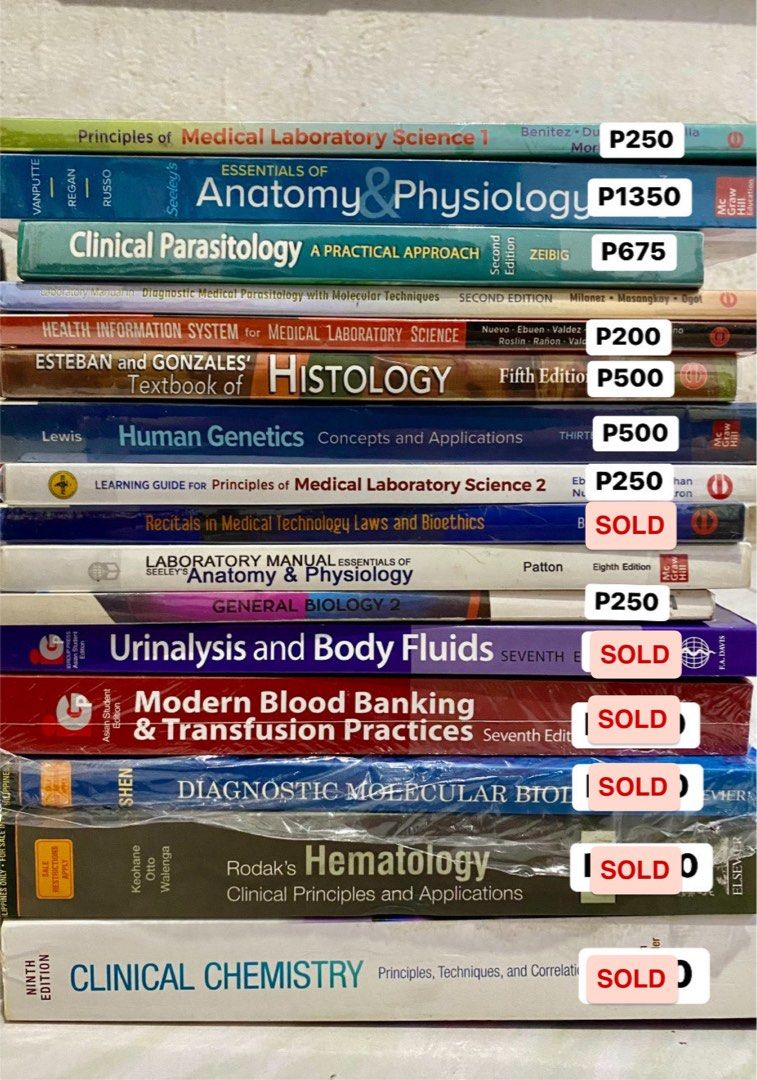 Medtech Books For Sale (Category: Textbooks) located in General Trias. Submitted by hersheycloset (Listing ID 1340077887, Image 1). Description: FOR SALE: Medtech/Medical Laboratory Science Books Note: All are almost BRANDNEW. NO highlights / writings. Pm me for exact condition and pictures of the book. Available Books: 1. Principles of Medical Laboratory Science 1 (C&E 1st Ed) - P250 2. Seeley’s Essentials of Anatomy & Physiology (McGraw Hill 10