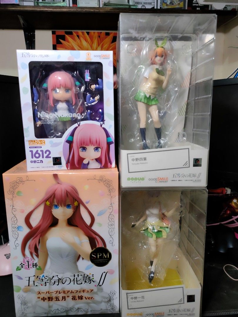 Quintessential Quintuplets Nakano sisters figures (Category: Figurines & Statues) located in Manila. Submitted by daily.tipid (Listing ID 1349587617, Image 1). Description: Quintessential Quintuplets Nakano sisters figures Nino Nakano nendoroid- 1500 itsuki Nakano wedding SPM figure - 750 Yotsuba Nakano and Ichika Nakano Pop up parade (BIB) - 850 EACH Location : Digna's lechon malolos city LBC, JNT or Lalamove.