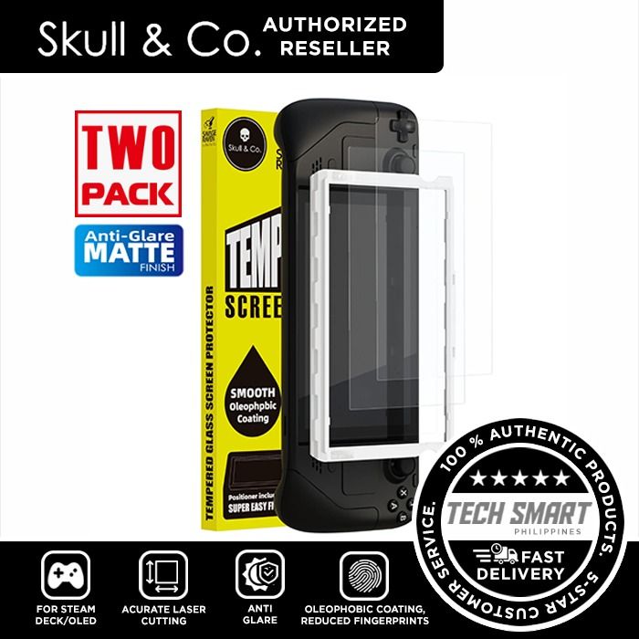 Skull & Co. Tempered Glass Screen Protector for Steam Deck/OLED with Positioner (2 Pack) (Category: Cases & Covers) located in Las Pinas. Submitted by techsmartph (Listing ID 1349623378, Image 2). Description: Available variations: HD Clarity Anti-Glare * Accurate laser cutting - perfectly matches the Steam Deck screen. * High quality - 9H hardness tempered glass provides high transparency and highly sensitive touch response. * Oleophobic coating