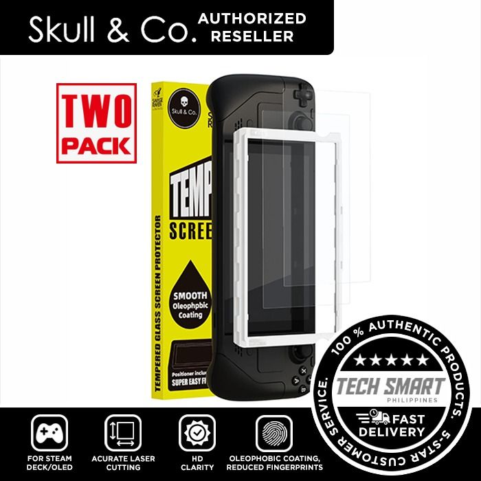 Skull & Co. Tempered Glass Screen Protector for Steam Deck/OLED with Positioner (2 Pack) (Category: Cases & Covers) located in Las Pinas. Submitted by techsmartph (Listing ID 1349623378, Image 1). Description: Available variations: HD Clarity Anti-Glare * Accurate laser cutting - perfectly matches the Steam Deck screen. * High quality - 9H hardness tempered glass provides high transparency and highly sensitive touch response. * Oleophobic coating