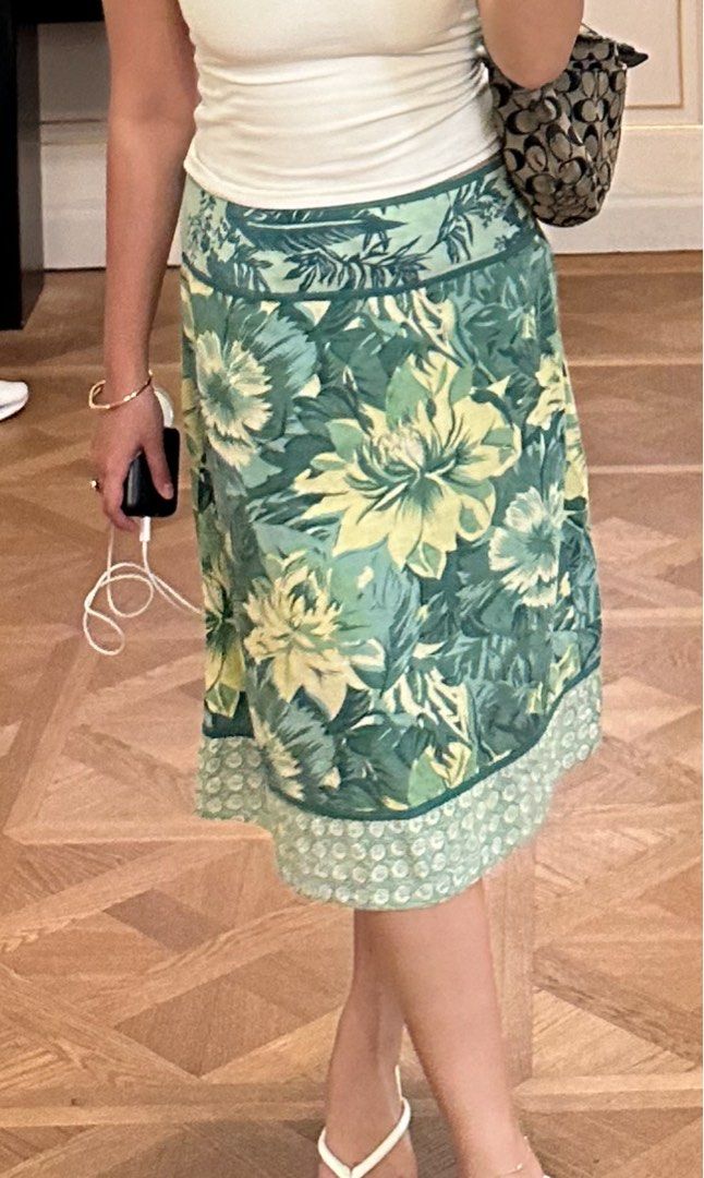 green floral midi skirt (Category: Skirts) located in Manila. Submitted by closetcleanupbyces (Listing ID 1349791178, Image 3). Description: wore this once only on a trip! 🌱 - bought from an ig shop - def one of my faves! the beads and detailings are so pretty - can fit 26-30 waist!.
