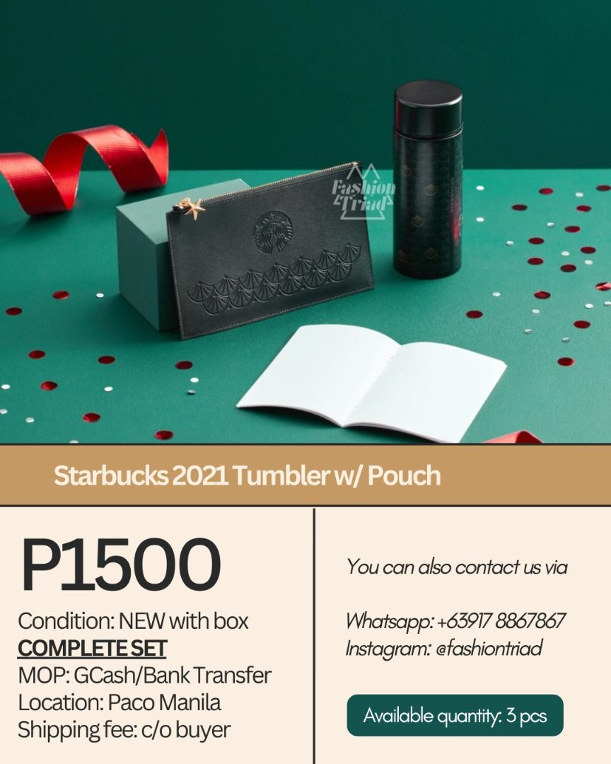 Starbucks 2021 Tumbler Pouch Set (Category: Water Bottles & Tumblers) located in Manila. Submitted by sagecuration (Listing ID 1336976268, Image 1). Description: 💵 Bank Transfer/GCash 📍 Paco Manila 🚛 Shipping fee c/o buyer Available qty: 3 pcs .