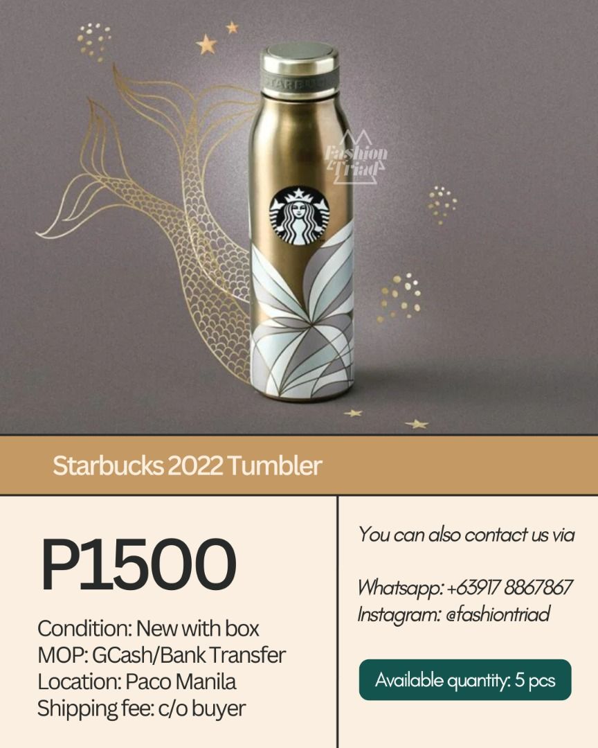 Starbucks 2022 Tumbler (Category: Water Bottles & Tumblers) located in Manila. Submitted by sagecuration (Listing ID 1349809242, Image 1). Description: 💵 Bank Transfer/GCash 📍 Paco Manila 🚛 Shipping fee c/o buyer Available qty: 5 pcs.