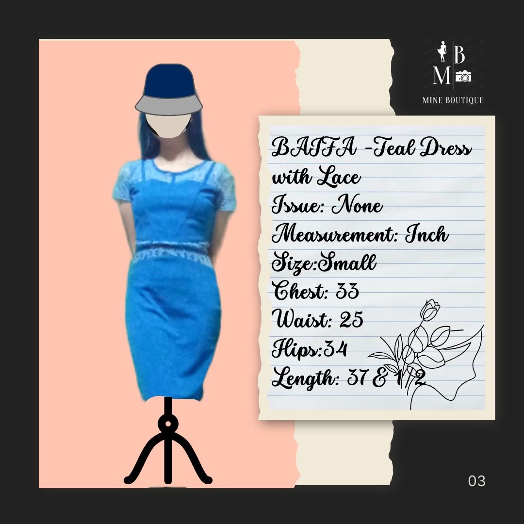 BAIFA -Teal Dress with Lace (Category: Dresses) located in Dasmarinas. Submitted by gominebout87666 (Listing ID 1349987371, Image 1). Description: BAIFA -Teal Dress with Lace Issue: None Measurement: Inch Size: Small Chest: 33 Waist: 25 Hips:34 Length: 37 & 1/2.