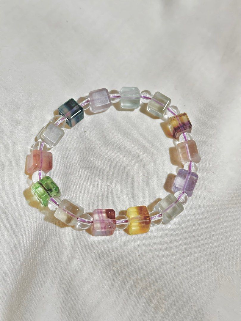 Candy Pastel Natural Cube Flourite (Category: Bracelets) located in Manila. Submitted by declutterkitten (Listing ID 1349945521, Image 1). Description: Natural, not artificially dyed Cube Flourite in Candy Pastel Color Note: Yellow in first picture is light in person and only 1 cube is yellow in the pattern Other wellness benefits: decision-making, reducing stress, enhancing concentration, clearing negative energy.