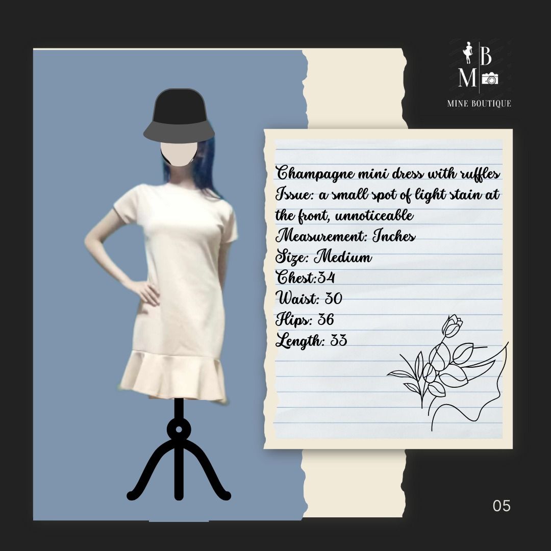 Champagne mini dress with ruffles (Category: Dresses) located in Dasmarinas. Submitted by gominebout87666 (Listing ID 1349988710, Image 1). Description: Champagne mini dress with ruffles Issue: a small spot of light stain at the front, unnoticeable Measurement: Inches Size: Medium Chest:34 Waist: 30 Hips: 36 Length: 33.