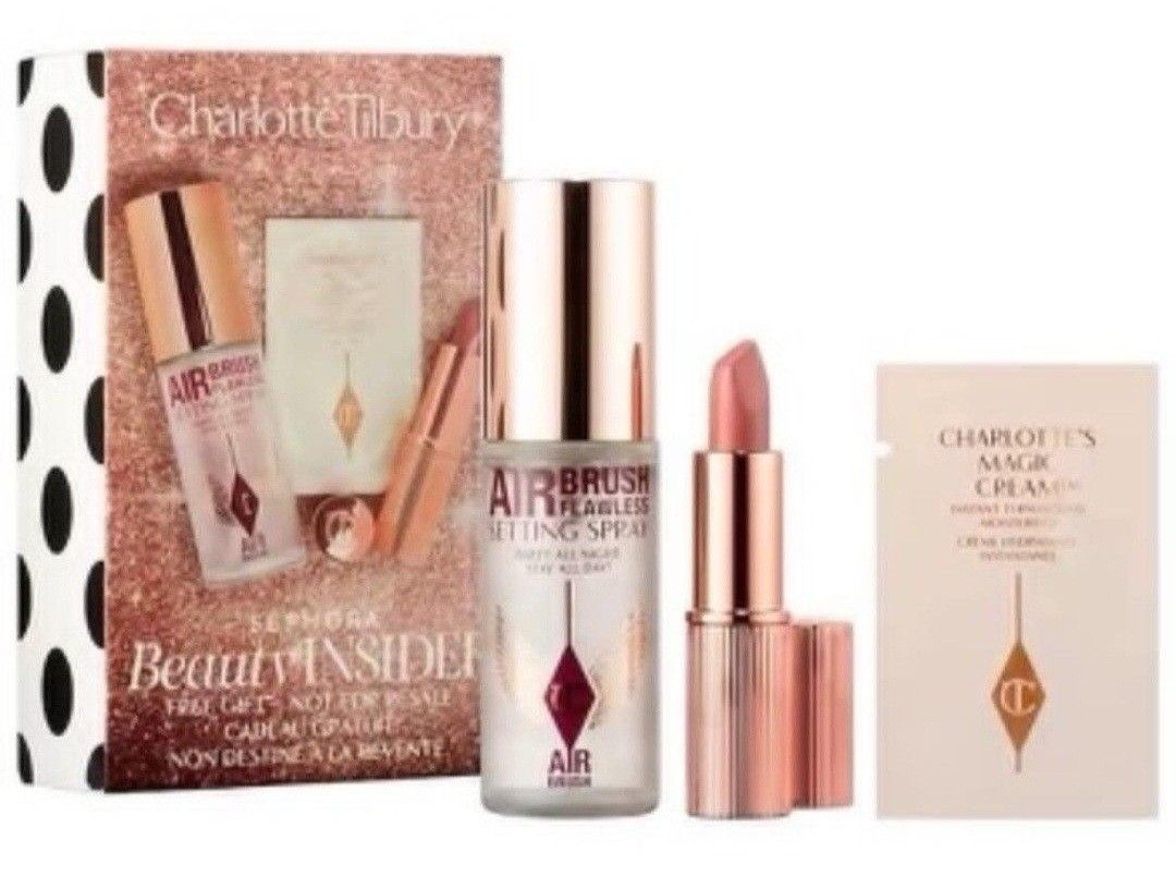 CT Sephora Beauty Insider Set (Category: Makeup) located in Las Pinas. Submitted by mystic_tragicallychic (Listing ID 1349916896, Image 1). Description: Charlotte Tilbury Sephora Beauty Insider Set Matte Revolution Pillow Talk Lipstick 1.5g Airbrush Setting Spray 15ml CT Magic Cream 1ml.