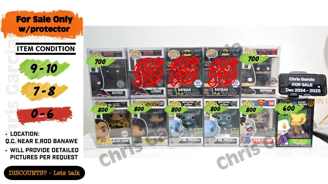 DC, Batman, Superman Funko Pop! (Category: Figurines & Statues) located in Quezon City. Submitted by lilchrisg (Listing ID 1302692351, Image 1). Description: Please READ and CHECK Individual prices in the photos *Cross-Posted* *All Pops NOOB *other pops are consigned and thus need approval from my colleague for negotiation. *DISCOUNTS for Multiple buys Please request for pics if interested. My standard in judging a pop's condition may be differen